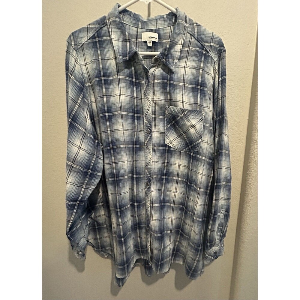 Sonoma Goods for Life Blue/white Plaid Button Up Flannel Shirt Women 2X